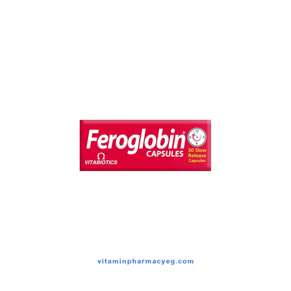الجزء العلوي من عبوة Feroglobin 30 Capsules – يظهر شعار Vitabiotics وتصميم الغلاف العلوي