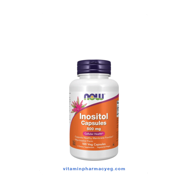 صورة عبوة NOW Inositol 500 mg – 100 كبسولة نباتية، مكمل غذائي يدعم صحة الغشاء الخلوي، وظيفة الدماغ، وتنظيم مستويات السكر في الدم. العبوة تحتوي على 100 كبسولة نباتية، خالية من الجلوتين، الصويا، الألبان، والمواد المعدلة وراثيًا.