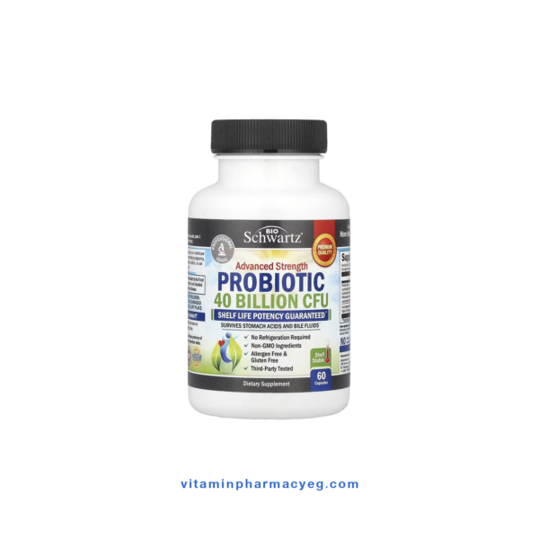 عبوة مكمل BioSchwartz Advanced Strength Probiotic بتركيز 40 مليار وحدة (CFU)، تحتوي على 60 كبسولة وتدعم صحة الجهاز الهضمي والقولون العصبي.