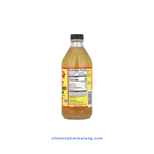 Bragg Organic Apple Cider Vinegar - ملصق الحقائق الغذائية لخل التفاح العضوي الأصلي 473 مل